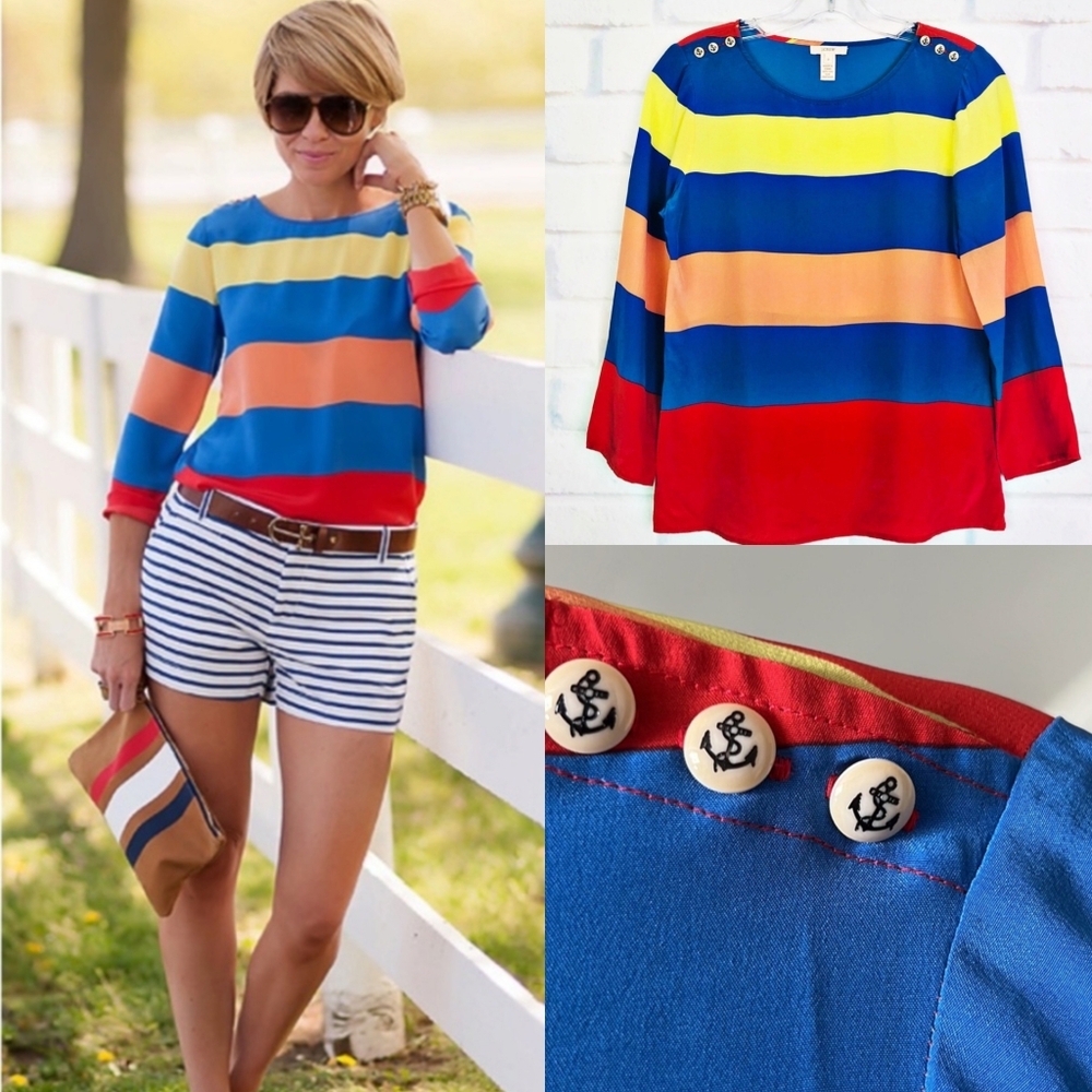 Silk J Crew Colorblock Stripe Anchor Button Blouse XS - Summer Colorful Nautical